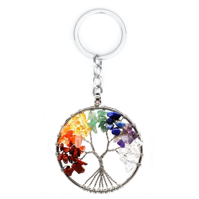 Natural Crystal Stone 7 Chakra Tree of Life Handmade Keychains
