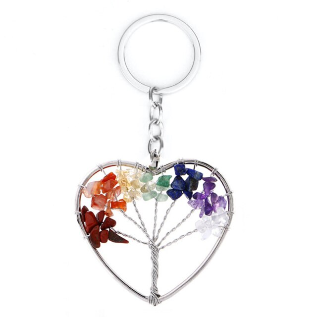 Natural Crystal Stone 7 Chakra Tree of Life Handmade Keychains