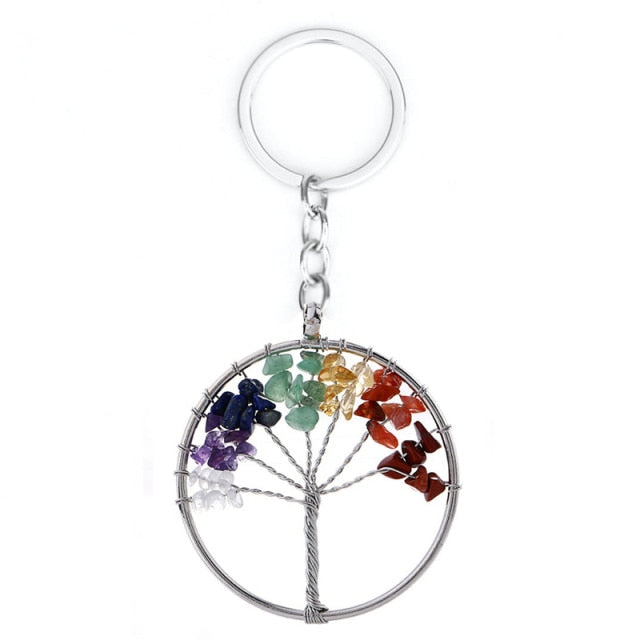 Natural Crystal Stone 7 Chakra Tree of Life Handmade Keychains